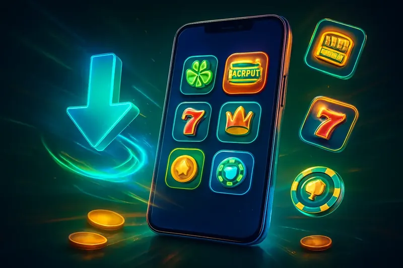 Premium Casino App Glossy smartphone casino app banner with neon download effects