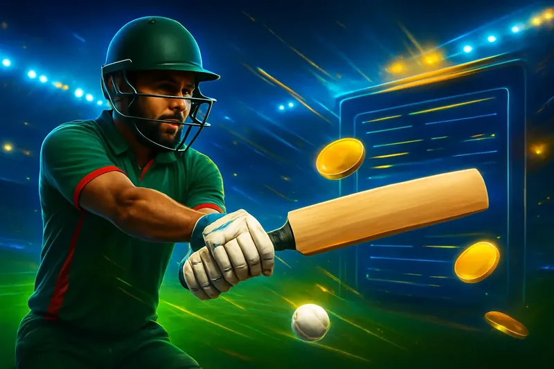 Cricket batter striking ball under stadium lights for sportsbook banner