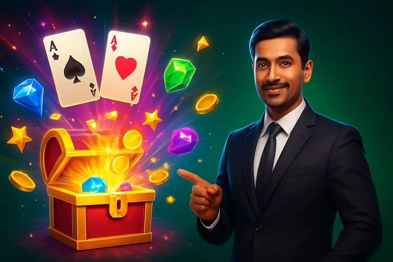 Glowing reward chest with cards, coins, gems, and stars bursting outward
