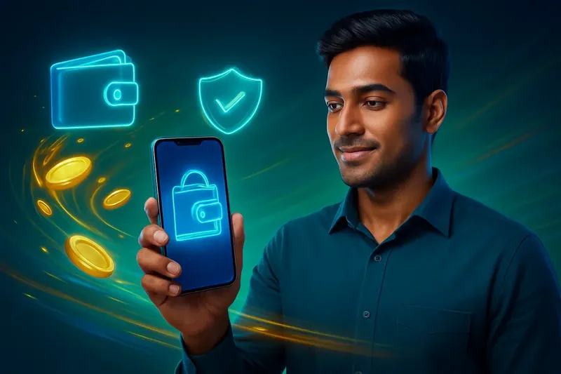 Hand holding smartphone with secure mobile wallet, coins, and speed effects