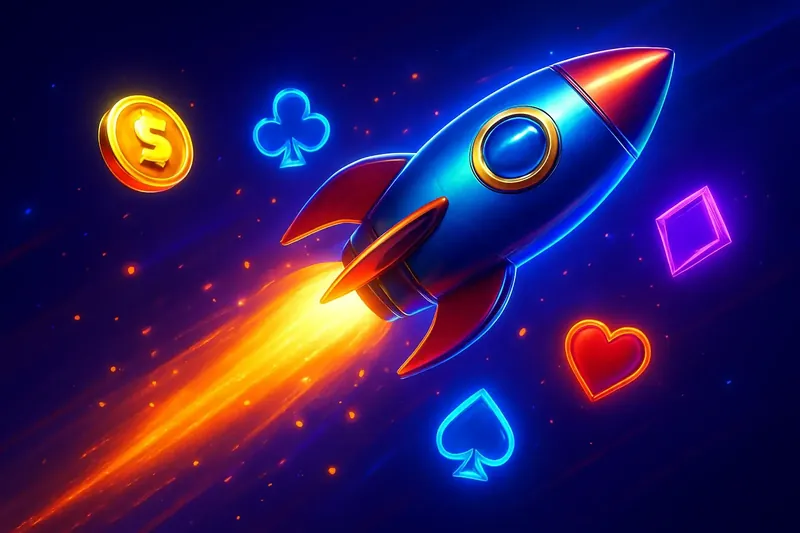 Glossy rocket launch casino banner with neon speed trails and game particles