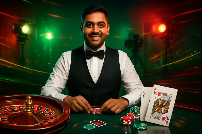 Live Dealer Banner Friendly professional live dealer with roulette, cards, chips, and studio lights