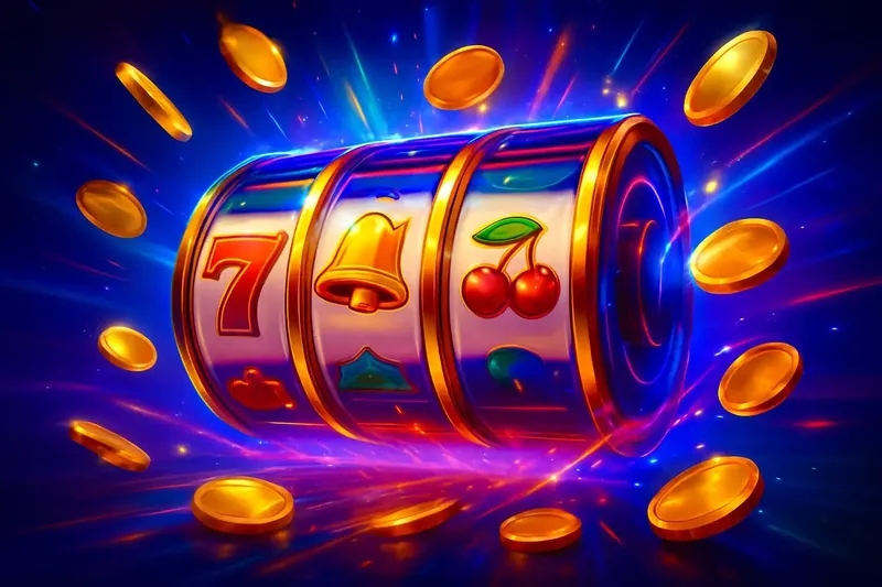 Colorful spinning slot machine reels with coins, sparkles, and neon glow